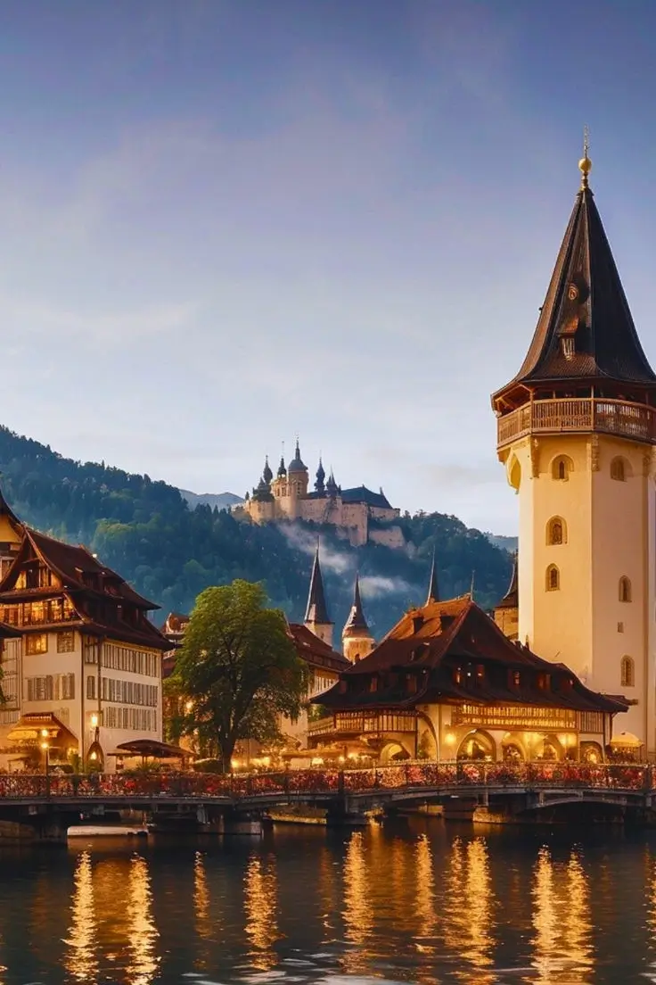 Lucerne, Switzerland — the Kapellbrücke chapel bridge and Water Tower reflected in the Reuss River at golden hour