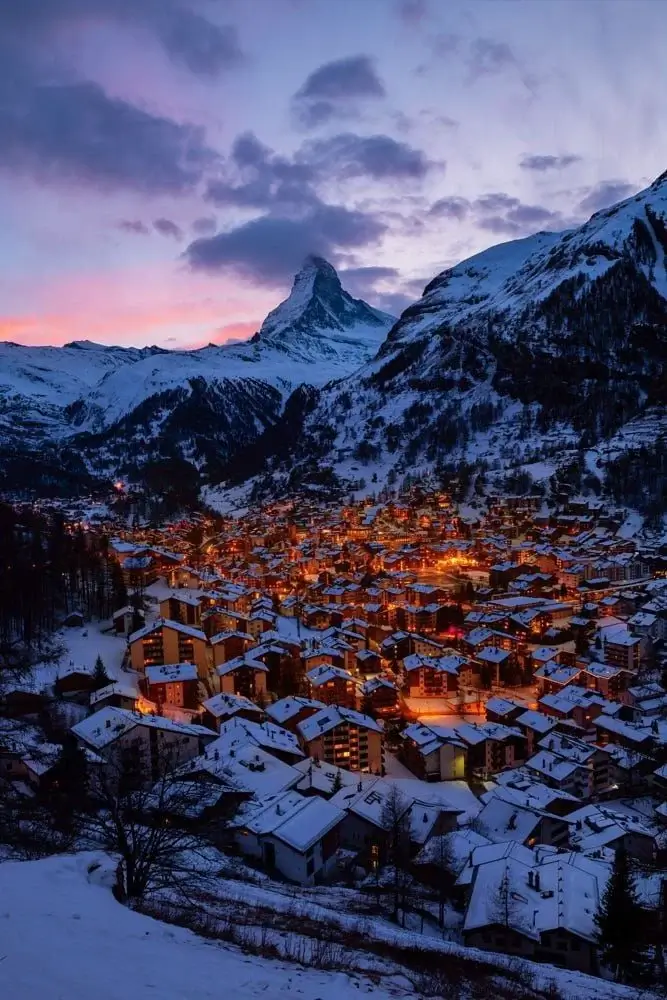 The Matterhorn and Zermatt village, Switzerland — iconic Alpine scenery at golden hour